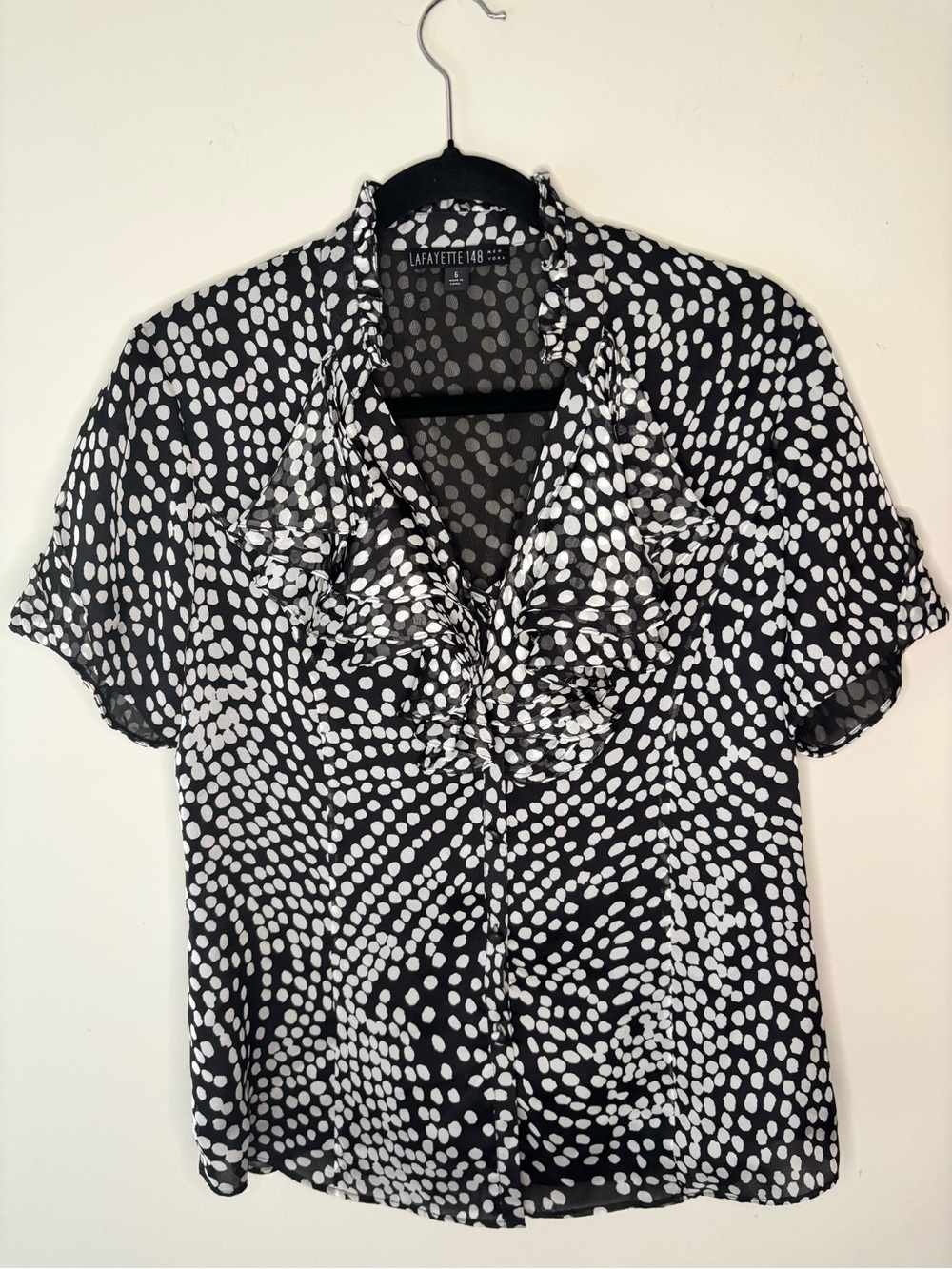 Lafayette 148 100% silk ruffle front blouse black gray polka dots size 6